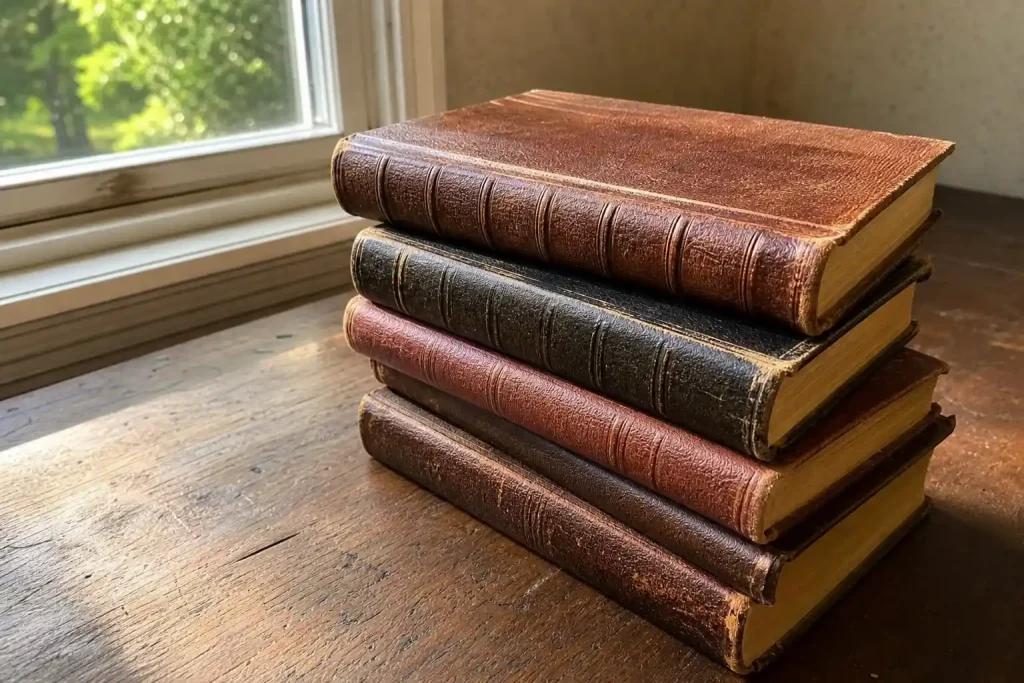 En trave slitna inbundna böcker i varmt fönsterljus, ett stilleben som andas klassisk litteratur.