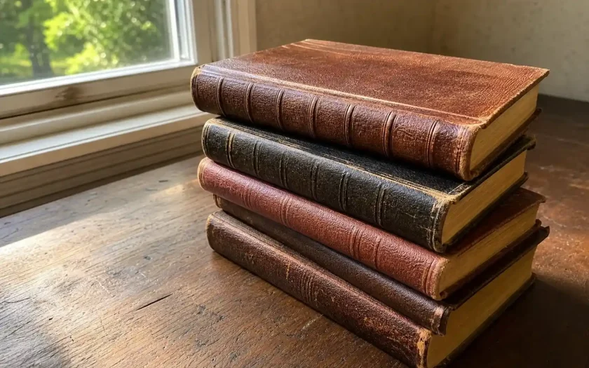 En trave slitna inbundna böcker i varmt fönsterljus, ett stilleben som andas klassisk litteratur.