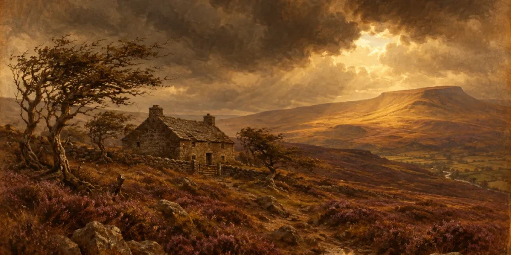 Blåsig hed i Yorkshire med ljung och ett ensamt stenhus under en stormig himmel